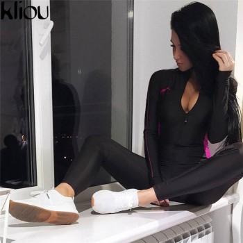Fluorescent color patchwork female push up fitness jumpsuits women full sleeve zipper turtneck jumpsuit Green Red